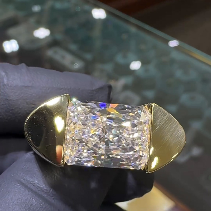 12ct Radiant Cut White Sapphire Yellow Gold Unique Design Handmade Men's Ring