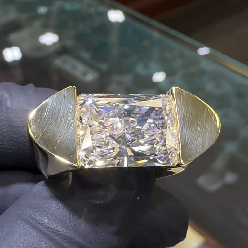 12ct Radiant Cut White Sapphire Yellow Gold Unique Design Handmade Men's Ring