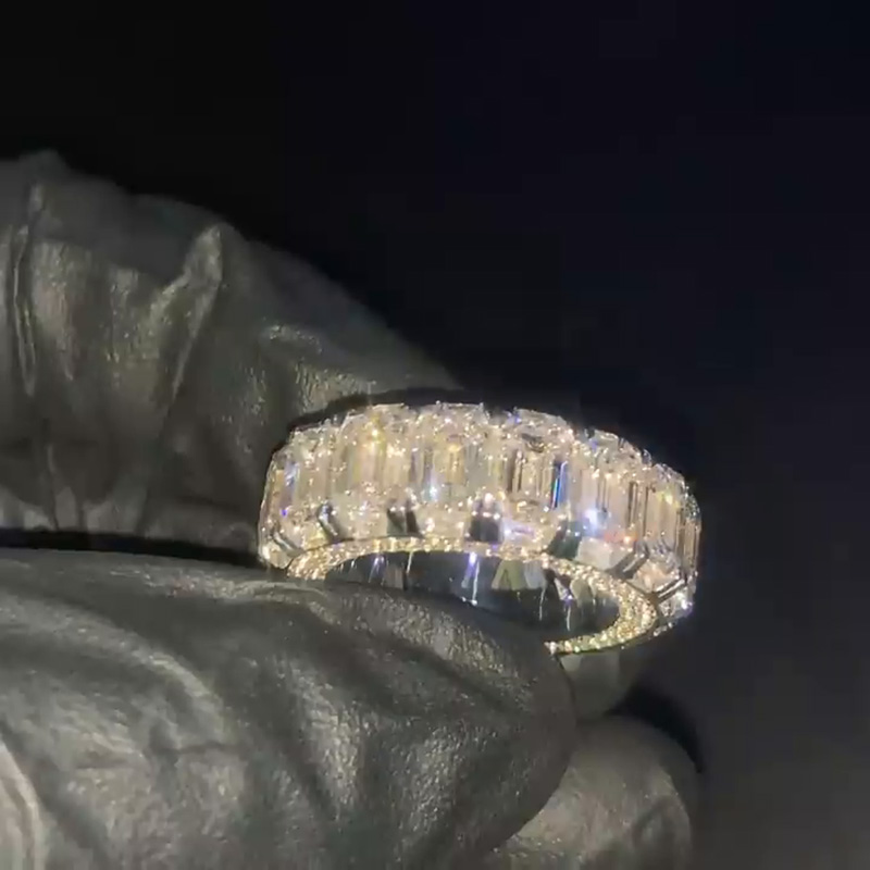 1ct Each Emerald Cut White Sapphire Eternity Paved Handmade Engagement Ring