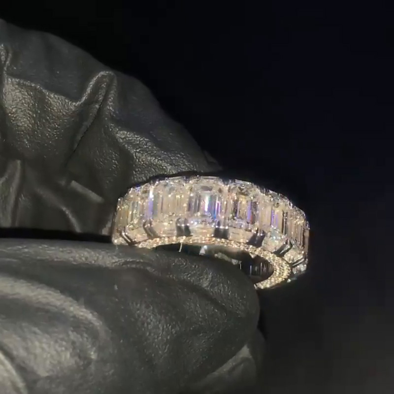 1ct Each Emerald Cut White Sapphire Eternity Paved Handmade Engagement Ring