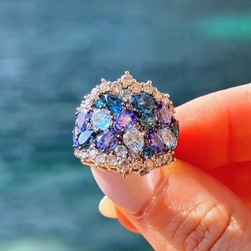 5ctw Round & Oval Cut Blue Sapphires Sea Wave Handmade Ring