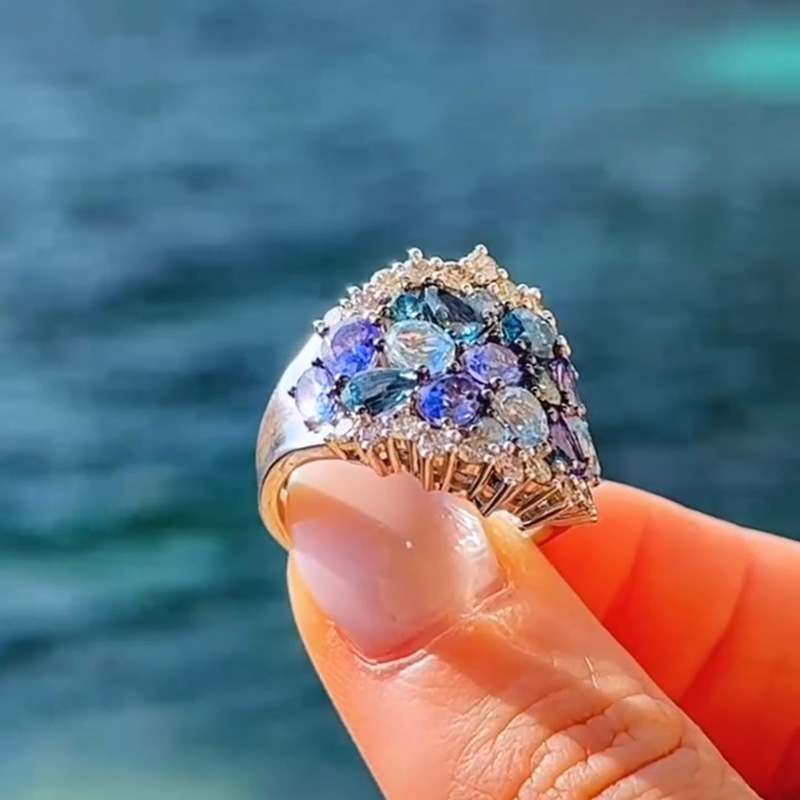 5ctw Round & Oval Cut Blue Sapphires Sea Wave Handmade Ring