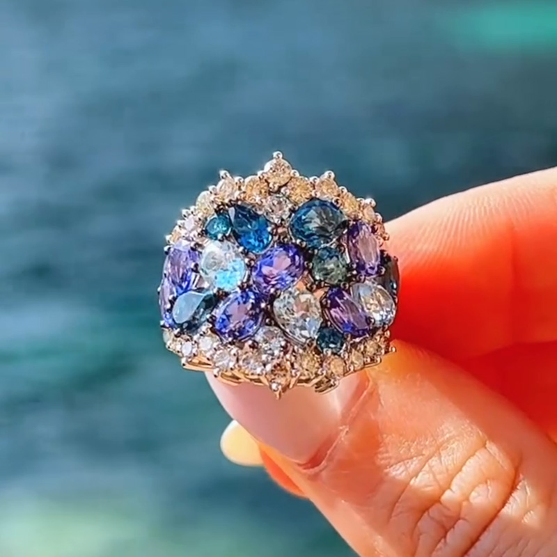 5ctw Round & Oval Cut Blue Sapphires Sea Wave Handmade Ring