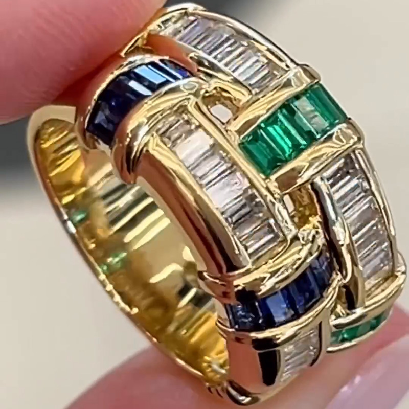 Baguette Cut Emerald & Blue & White Sapphire Basket Weave Ring