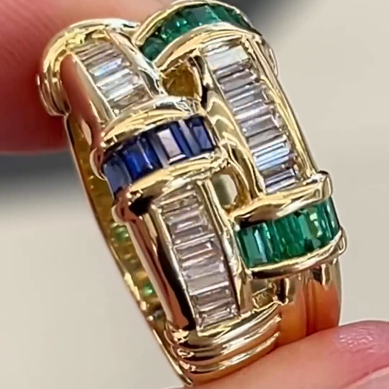 Baguette Cut Emerald & Blue & White Sapphire Basket Weave Ring