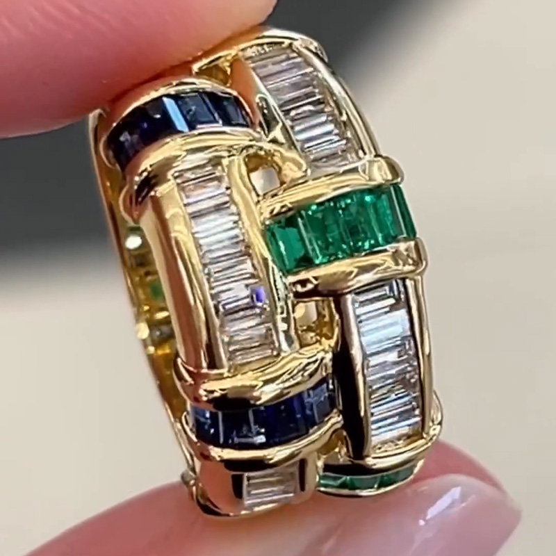 Baguette Cut Emerald & Blue & White Sapphire Basket Weave Ring