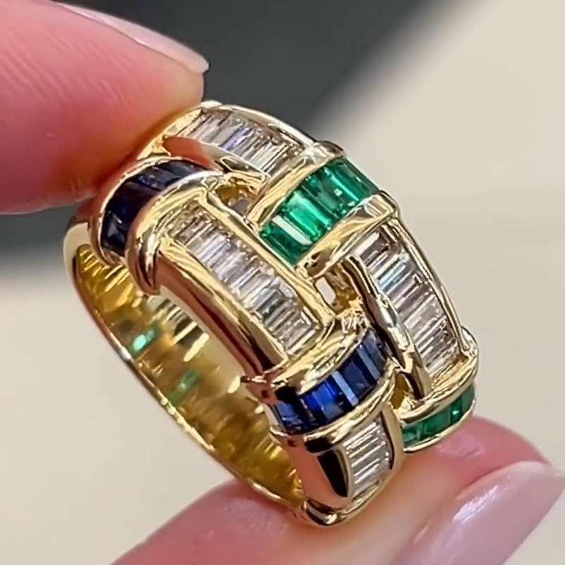 Baguette Cut Emerald & Blue & White Sapphire Basket Weave Ring