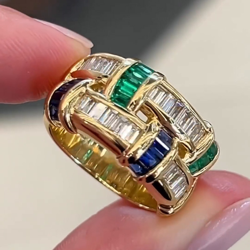 Baguette Cut Emerald & Blue & White Sapphire Basket Weave Ring