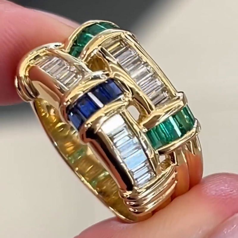 Baguette Cut Emerald & Blue & White Sapphire Basket Weave Ring