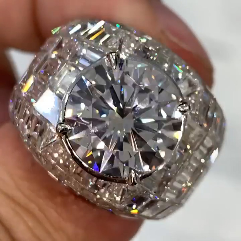 6.4ct Round Cut White Sapphire With Emerald  Invisibly Setting Handmade Men's Ring