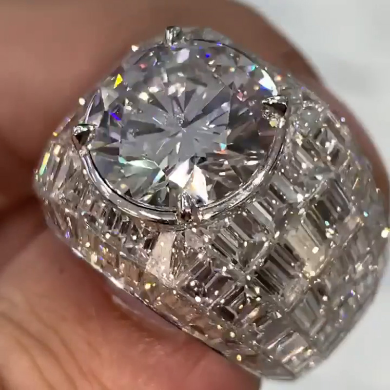 6.4ct Round Cut White Sapphire With Emerald  Invisibly Setting Handmade Men's Ring