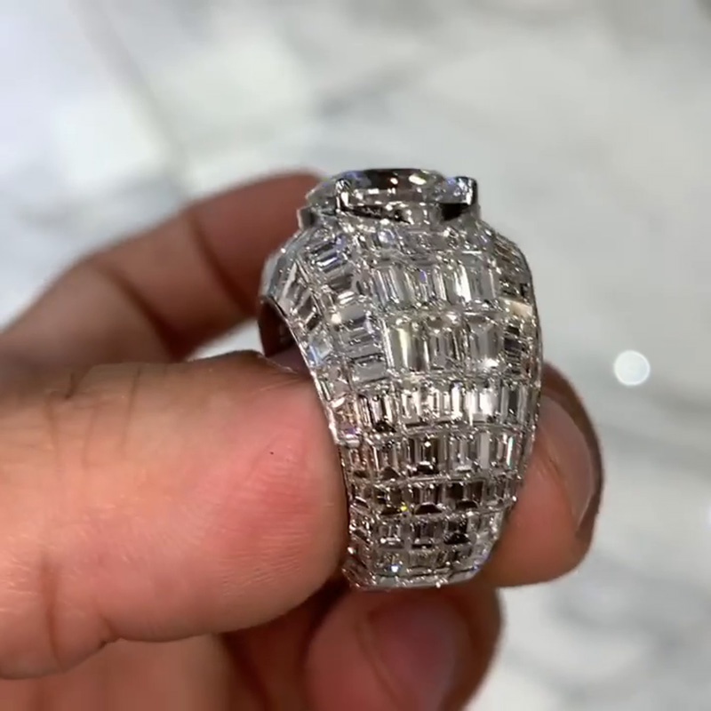 6.4ct Round Cut White Sapphire With Emerald  Invisibly Setting Handmade Men's Ring