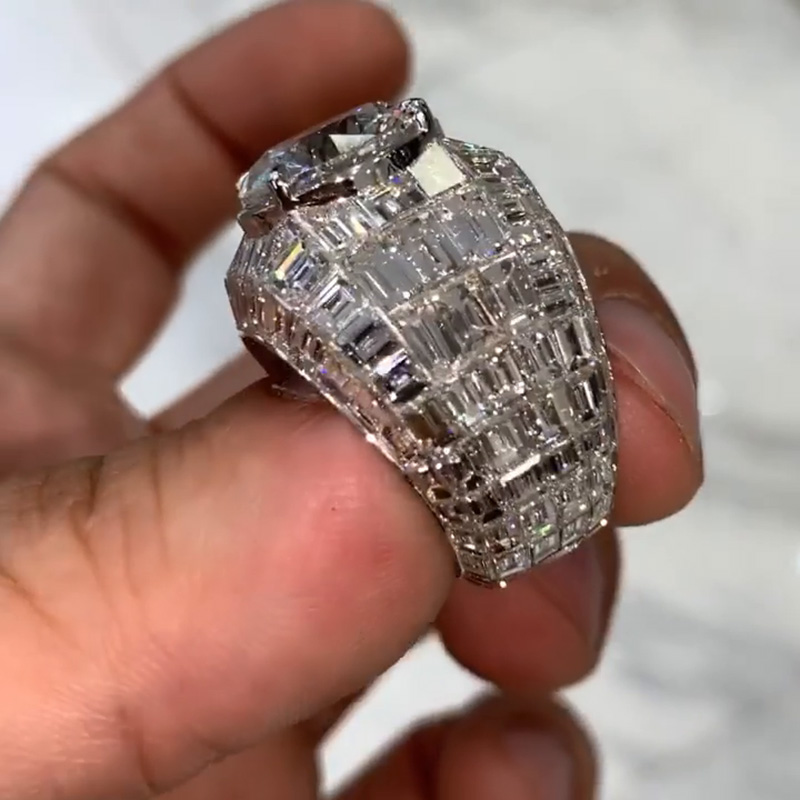 6.4ct Round Cut White Sapphire With Emerald  Invisibly Setting Handmade Men's Ring