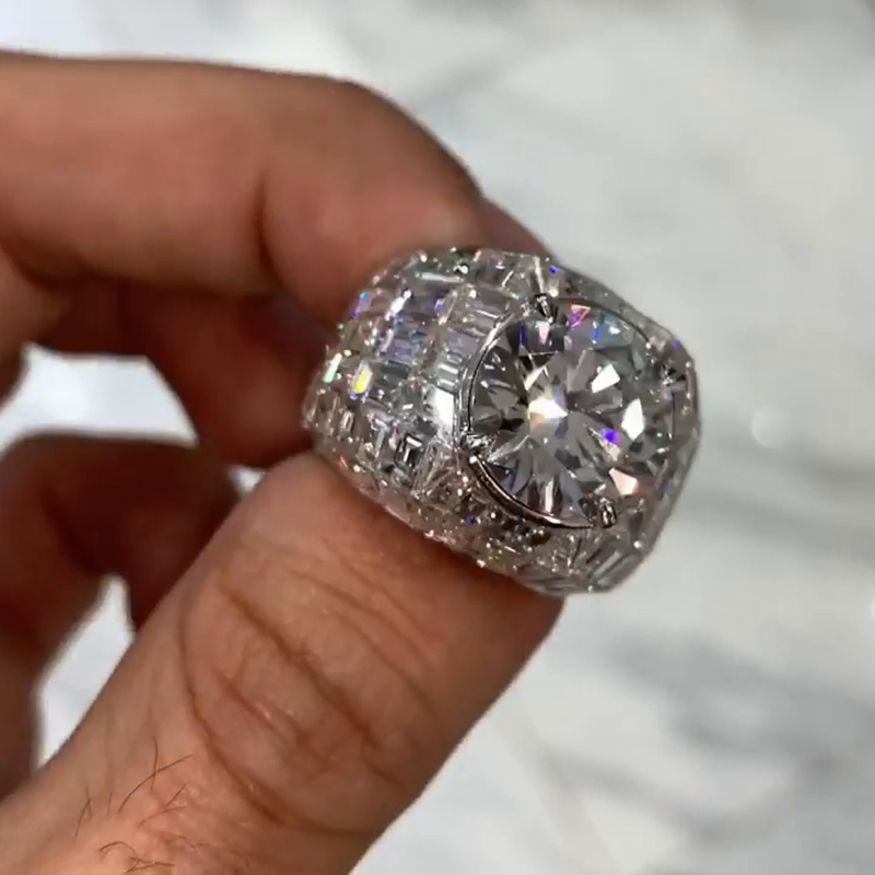 6.4ct Round Cut White Sapphire With Emerald  Invisibly Setting Handmade Men's Ring