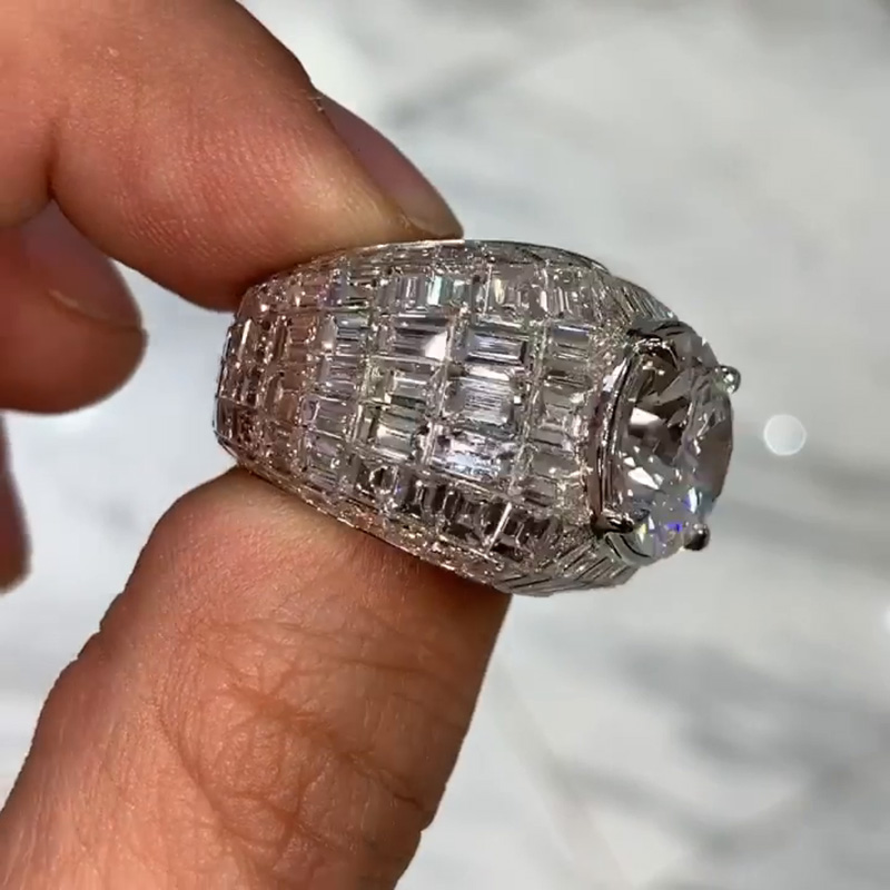 6.4ct Round Cut White Sapphire With Emerald  Invisibly Setting Handmade Men's Ring