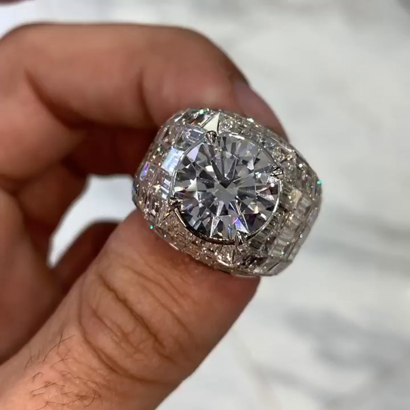 6.4ct Round Cut White Sapphire With Emerald  Invisibly Setting Handmade Men's Ring