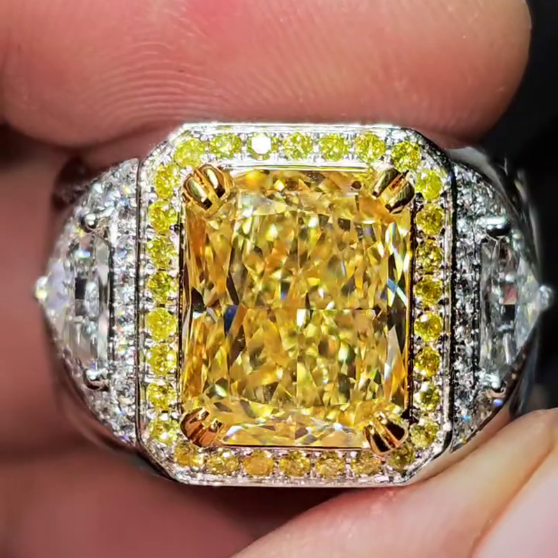 7ct Radiant Cut Fancy Yellow Sapphire Halo Handmade Men's Ring