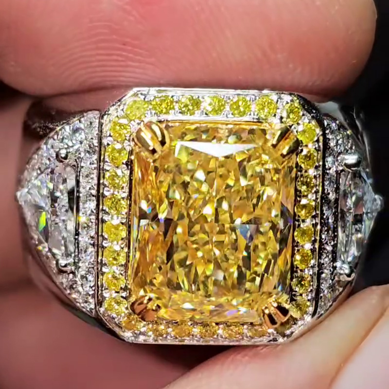 7ct Radiant Cut Fancy Yellow Sapphire Halo Handmade Men's Ring