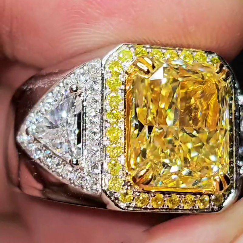 7ct Radiant Cut Fancy Yellow Sapphire Halo Handmade Men's Ring
