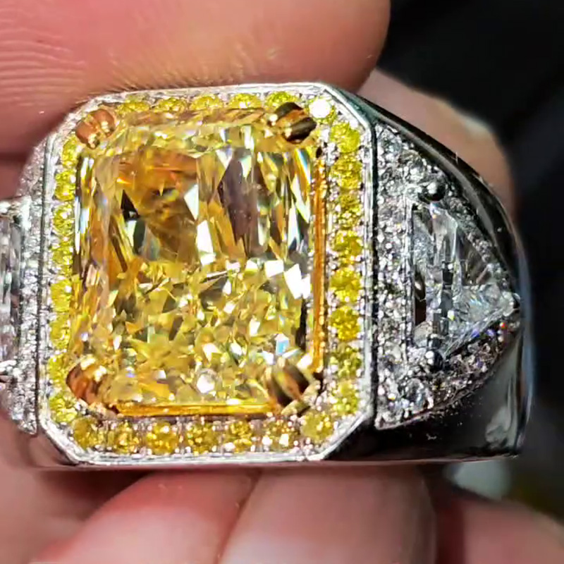 7ct Radiant Cut Fancy Yellow Sapphire Halo Handmade Men's Ring