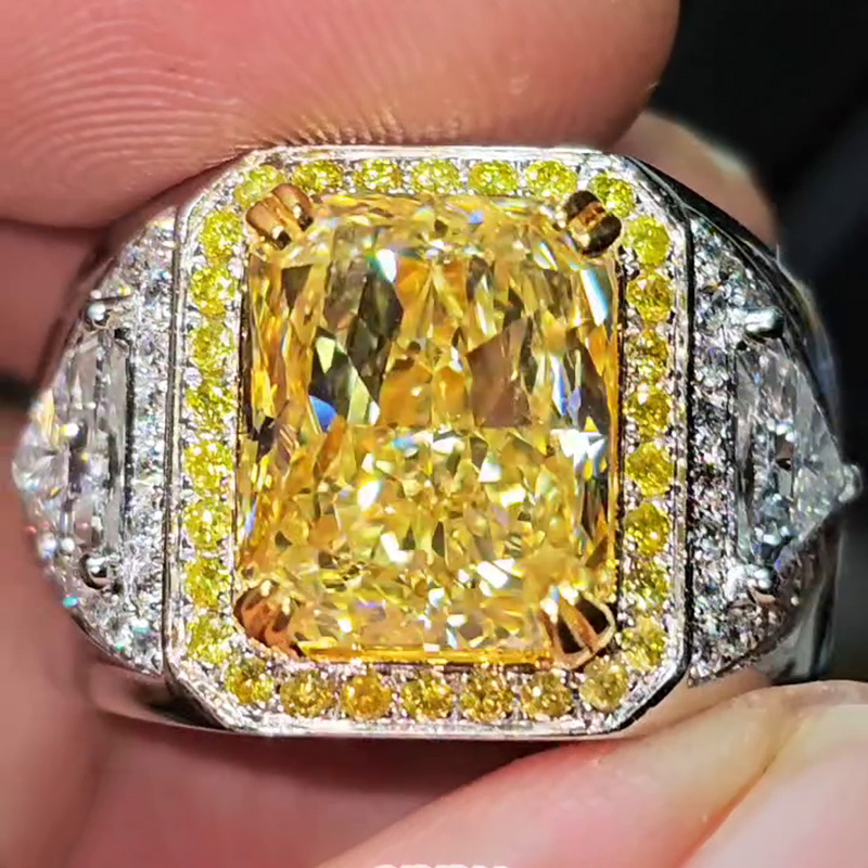 7ct Radiant Cut Fancy Yellow Sapphire Halo Handmade Men's Ring