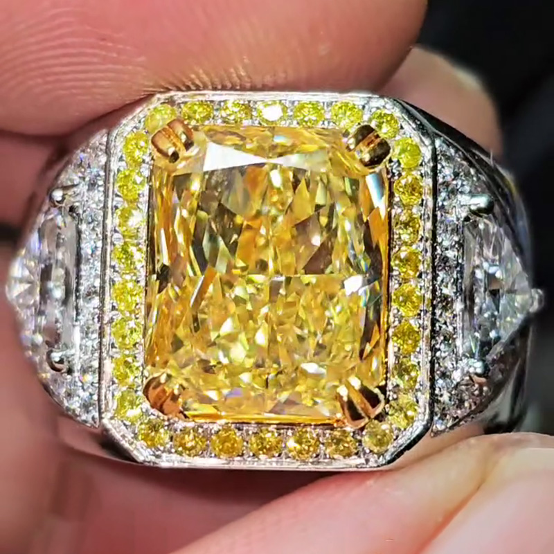 7ct Radiant Cut Fancy Yellow Sapphire Halo Handmade Men's Ring