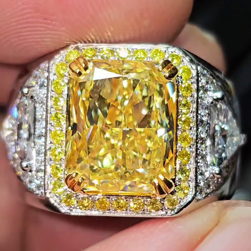7ct Radiant Cut Fancy Yellow Sapphire Halo Handmade Men's Ring
