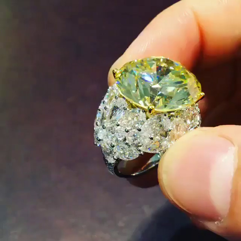 22.8ct Round Cut Fancy Yellow Sapphire With Paved Pear White Sapphires Handmade Ring