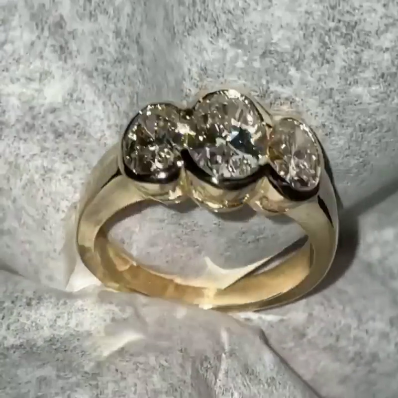 5ct Oval Cut White Sapphire Three Stone Bezel Set Yellow Gold Ring