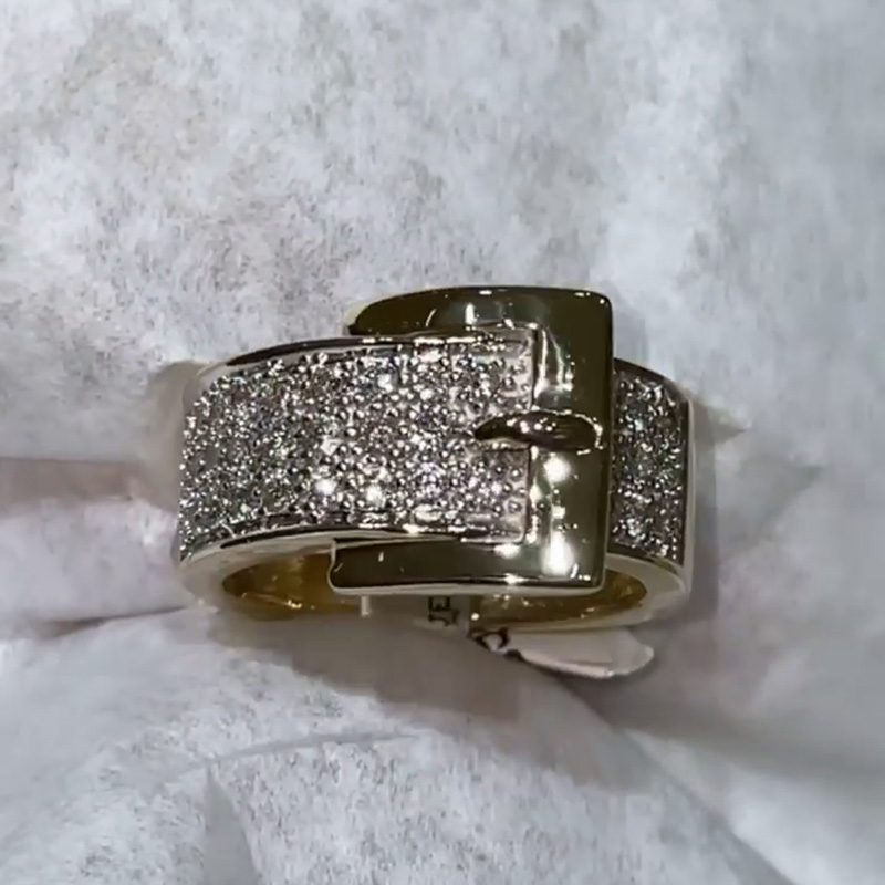 Pave Set Belt Buckle Sparkling Yellow Gold Handmade Ring