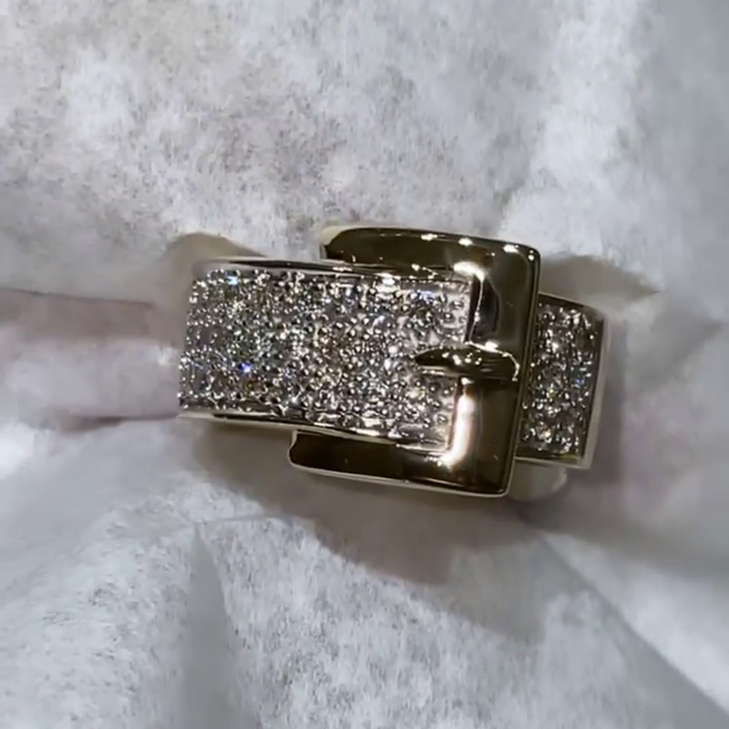Pave Set Belt Buckle Sparkling Yellow Gold Handmade Ring