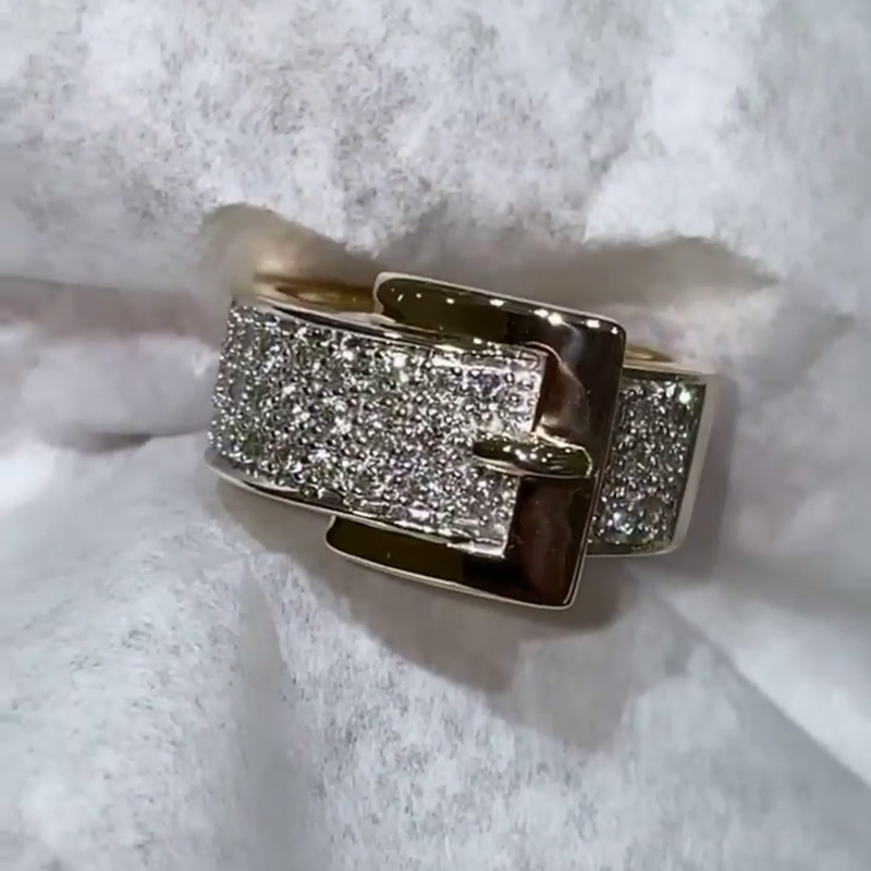 Pave Set Belt Buckle Sparkling Yellow Gold Handmade Ring