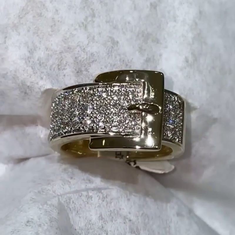 Pave Set Belt Buckle Sparkling Yellow Gold Handmade Ring