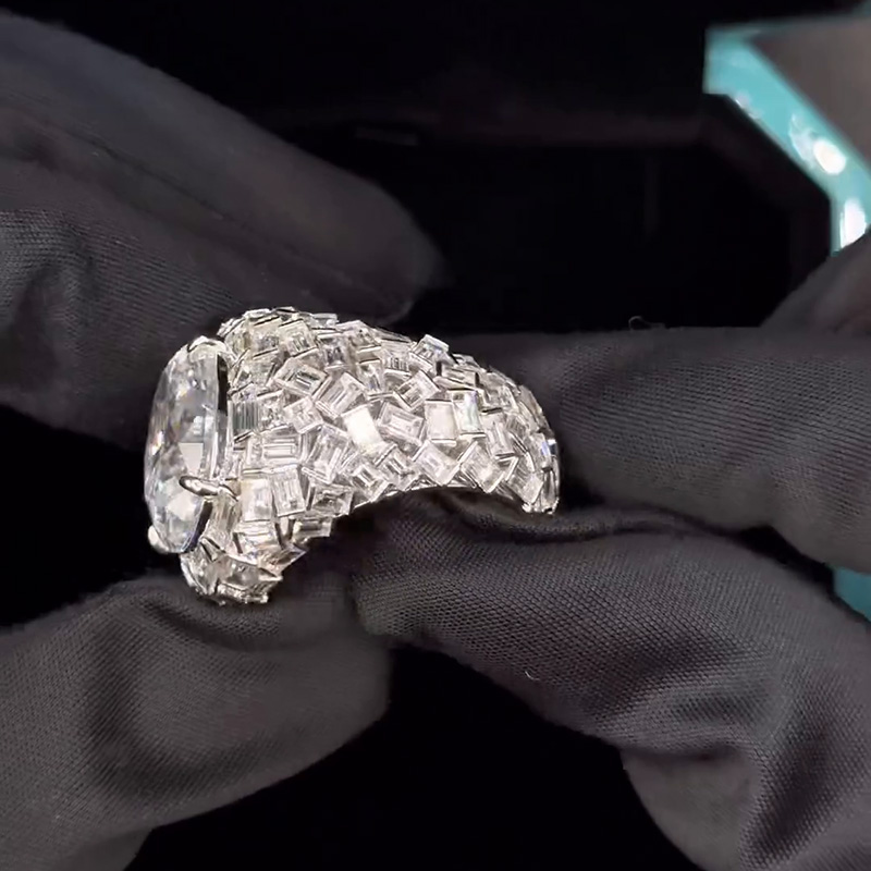 18ct Oval Cut White Sapphire Paved Banquette Cut Band Luxury Handmade Ring