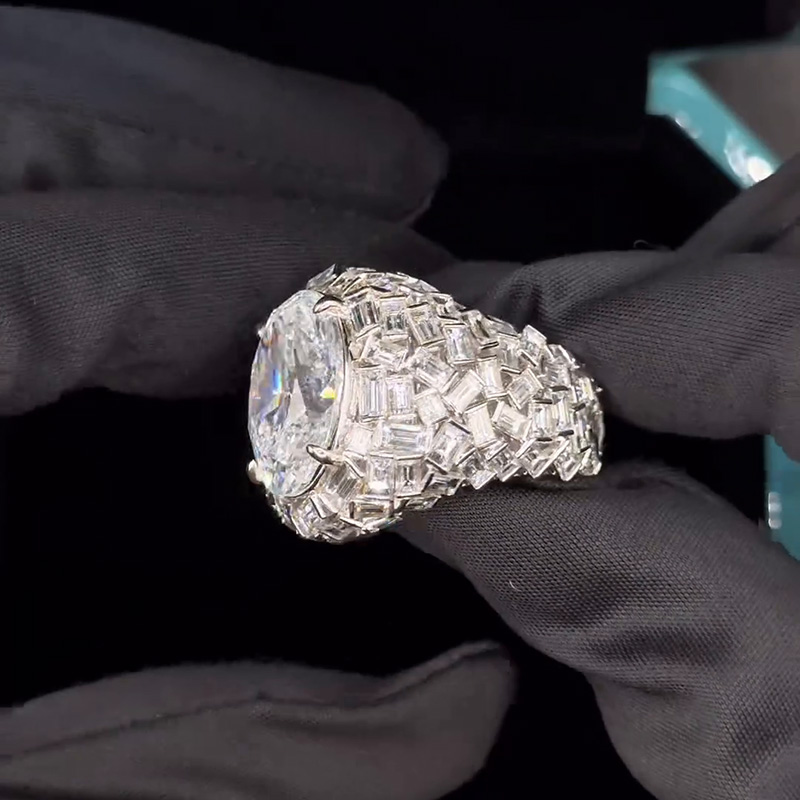 18ct Oval Cut White Sapphire Paved Banquette Cut Band Luxury Handmade Ring