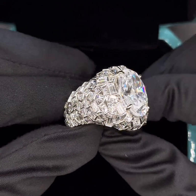 18ct Oval Cut White Sapphire Paved Banquette Cut Band Luxury Handmade Ring