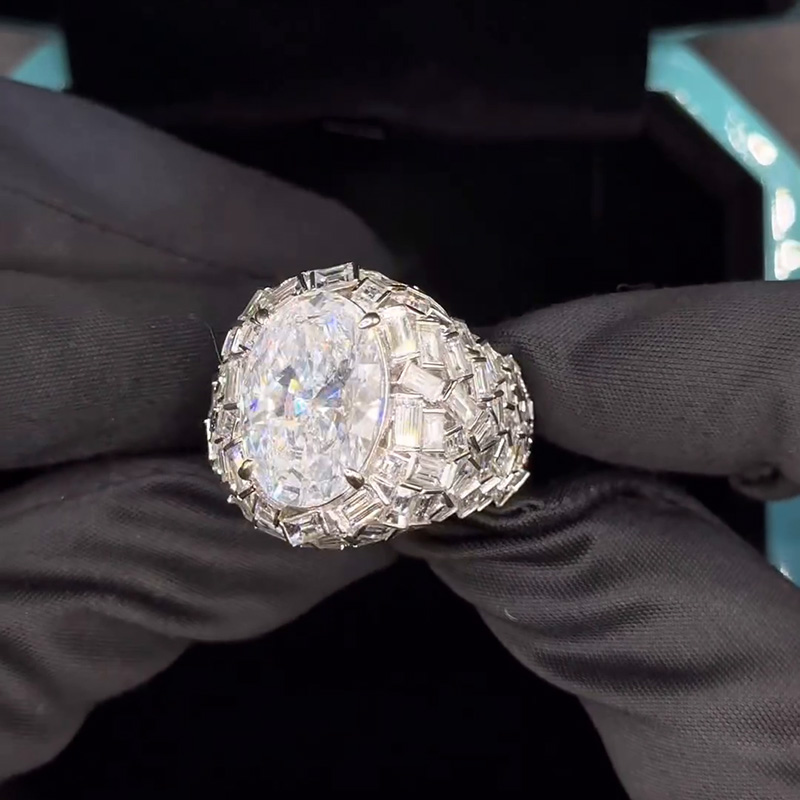 18ct Oval Cut White Sapphire Paved Banquette Cut Band Luxury Handmade Ring