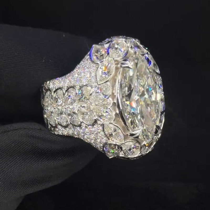 18ct Marquise Cut White Sapphire Pave Set Luxury Handmade Sterling Silver Men's Ring