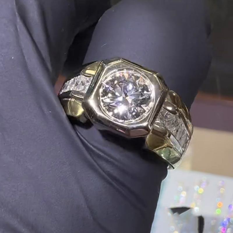 3ct Round Cut White Sapphire With Princess Cut Side Stones Yellow Gold Handmade Men's Ring