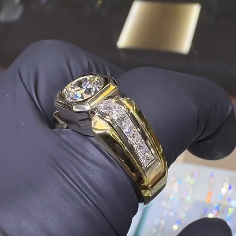 3ct Round Cut White Sapphire With Princess Cut Side Stones Yellow Gold Handmade Men's Ring