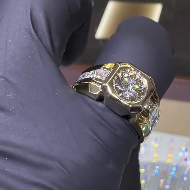 3ct Round Cut White Sapphire With Princess Cut Side Stones Yellow Gold Handmade Men's Ring