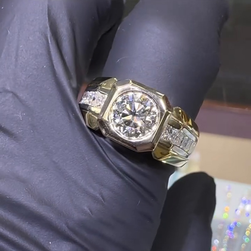 3ct Round Cut White Sapphire With Princess Cut Side Stones Yellow Gold Handmade Men's Ring