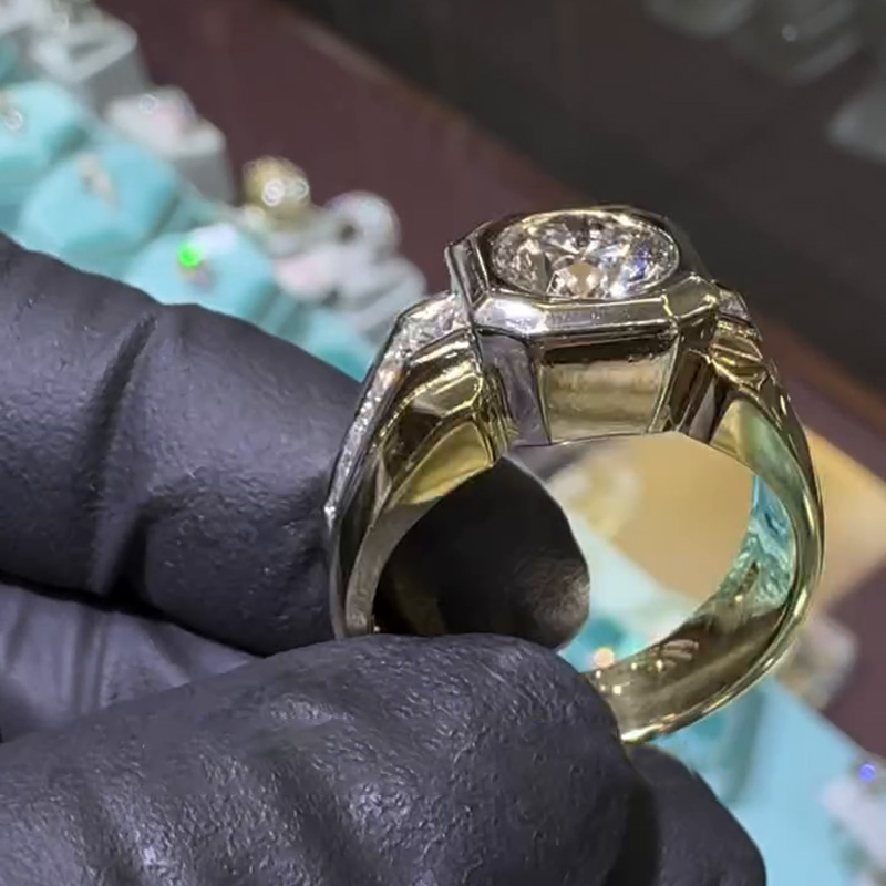 3ct Round Cut White Sapphire With Princess Cut Side Stones Yellow Gold Handmade Men's Ring