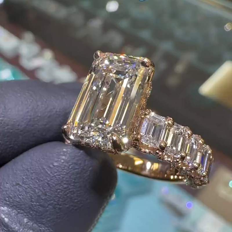 7ct Emerald Cut White Sapphire Rose Gold Half Eternity Band Handmade Ring