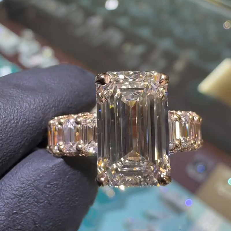 7ct Emerald Cut White Sapphire Rose Gold Half Eternity Band Handmade Ring