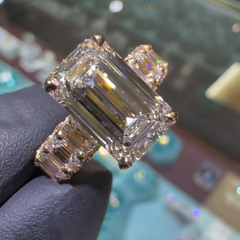 7ct Emerald Cut White Sapphire Rose Gold Half Eternity Band Handmade Ring