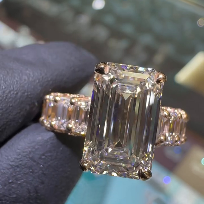 7ct Emerald Cut White Sapphire Rose Gold Half Eternity Band Handmade Ring