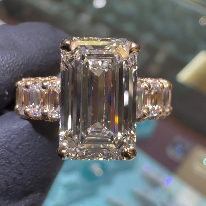 7ct Emerald Cut White Sapphire Rose Gold Half Eternity Band Handmade Ring