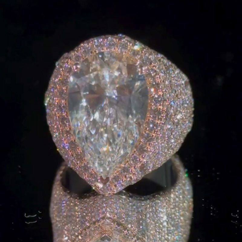 7ct Pear Cut White Sapphire Halo Pave Set Rose Gold Men's Ring