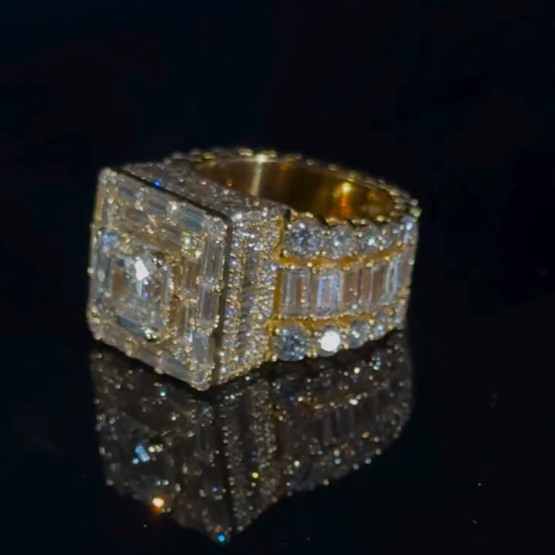 5ct Asscher Cut With 13ct Side Stones White Sapphire Yellow Gold Men's Ring